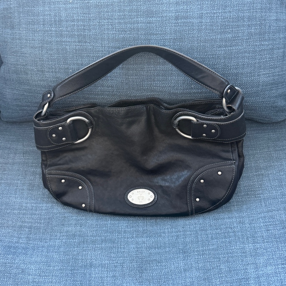 Bally Black Leather Shoulder Bag with Silver Details